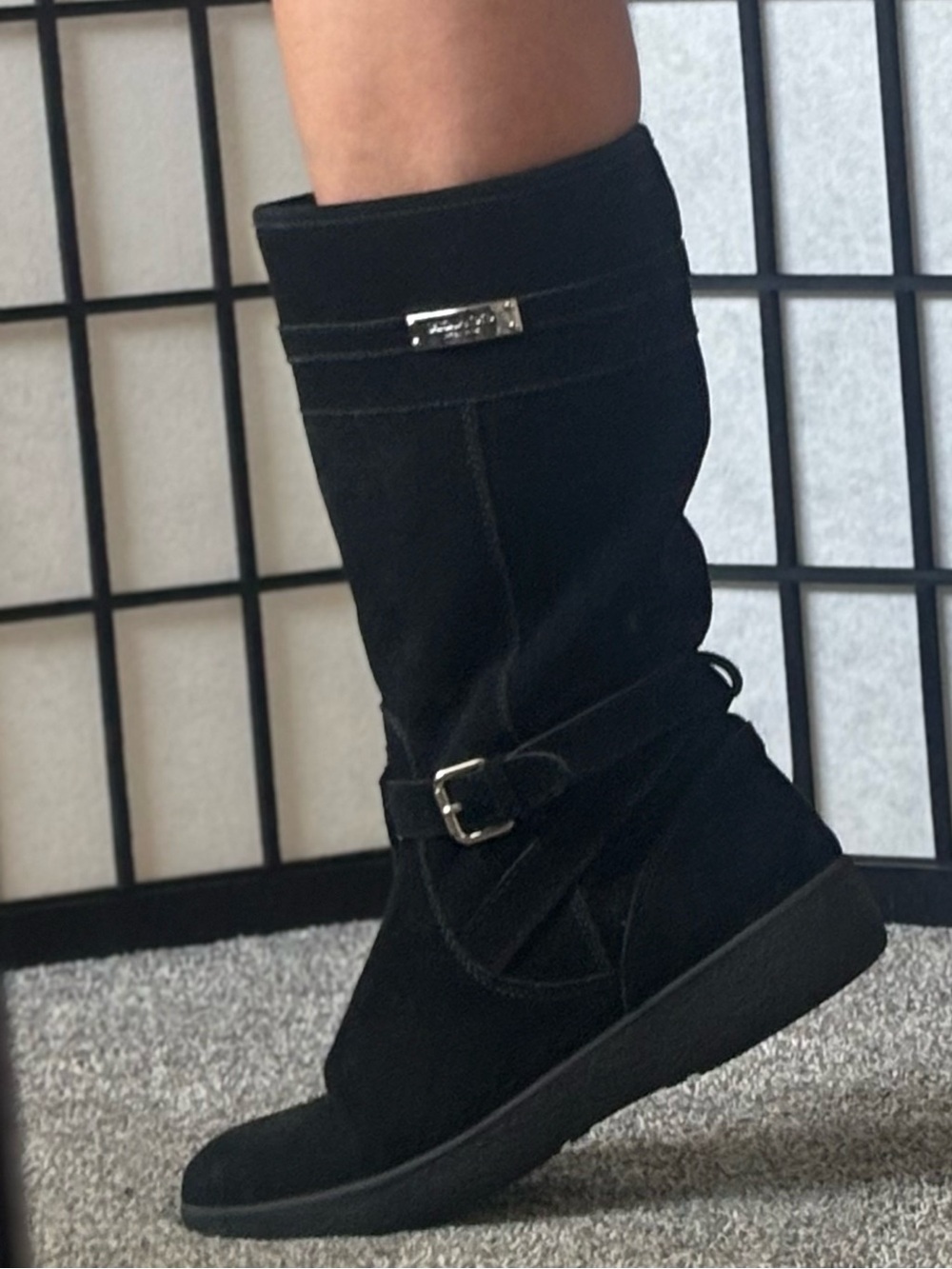 Coach Black Suede Mid-Calf Boots w/ Silver Buckle Detail